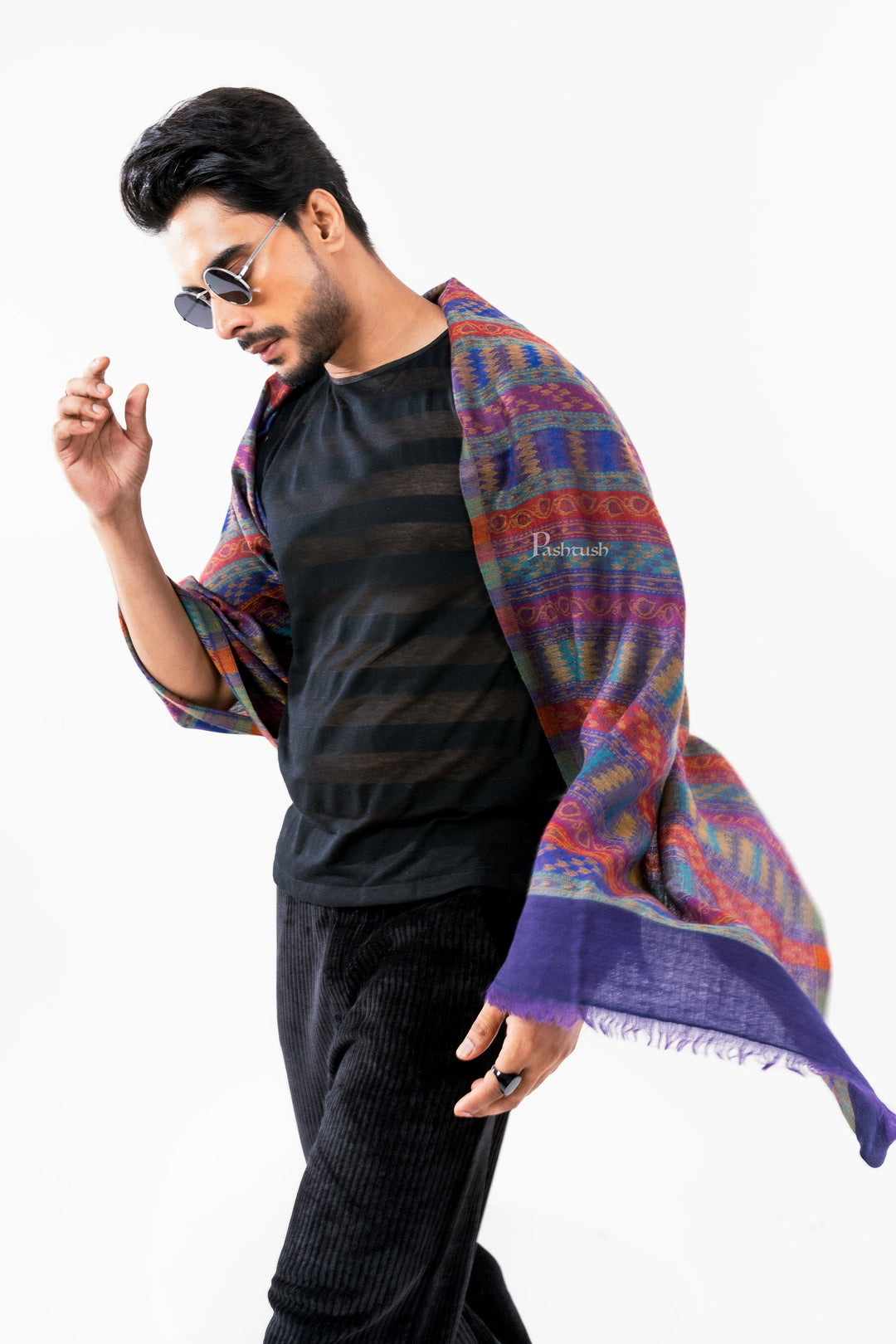 Pashtush India Mens Scarves Stoles and Mufflers Pashtush Mens 100% Pure Wool With Woolmark Certificate Stole, Mutli Stripe Design, Blue