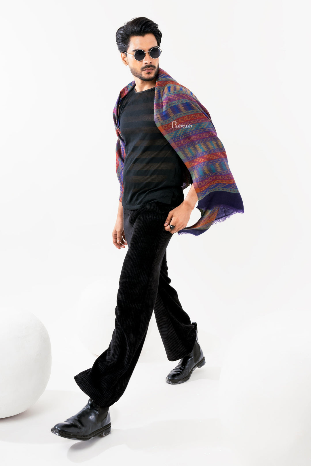 Pashtush India Mens Scarves Stoles and Mufflers Pashtush Mens 100% Pure Wool With Woolmark Certificate Stole, Mutli Stripe Design, Blue