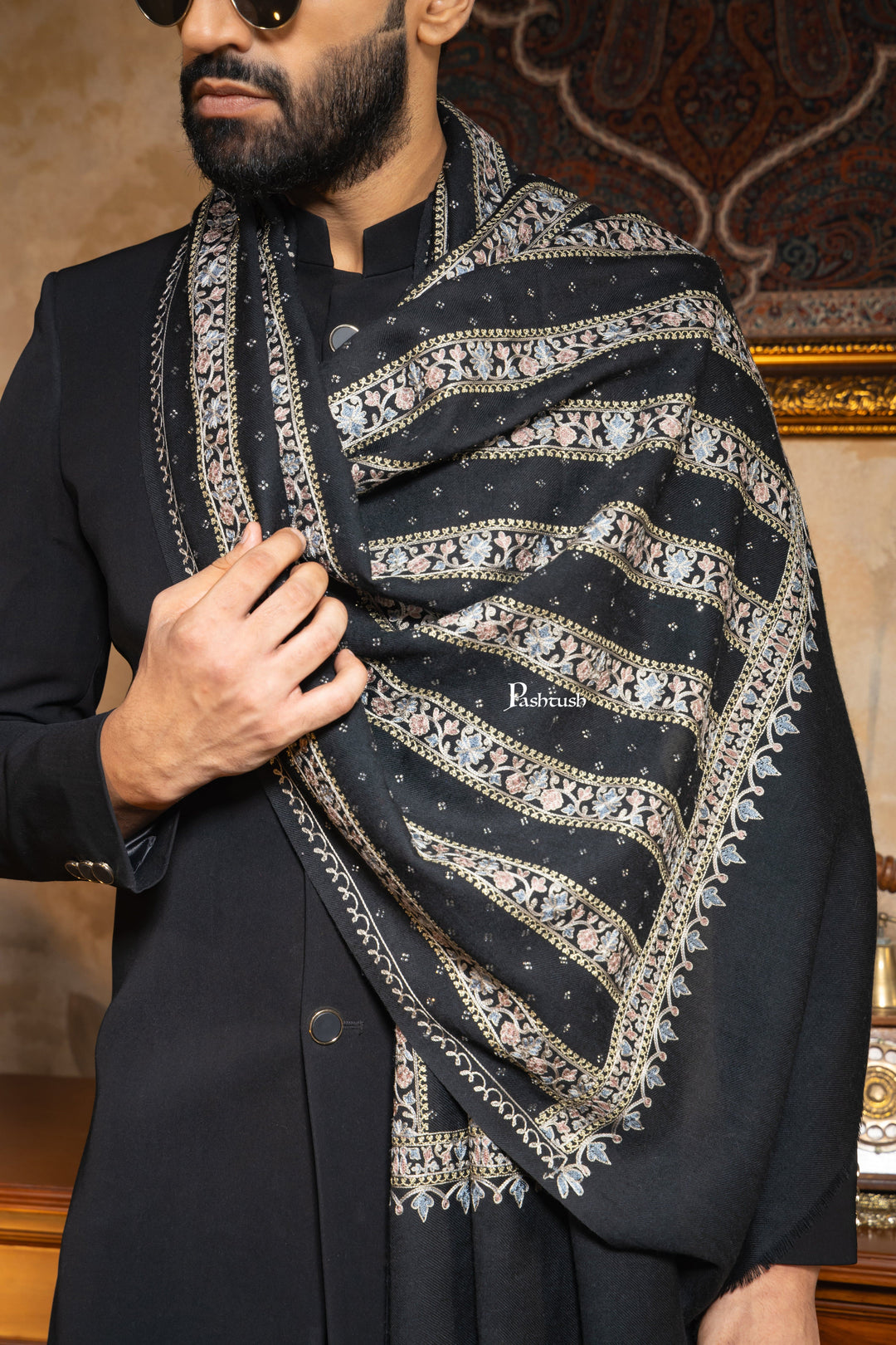 Pashtush India Mens Scarves Stoles and Mufflers Pashtush Mens 100% Pure Wool With Woolmark Certificate Stole, Nalki Embroidery With Crystal Design, Black