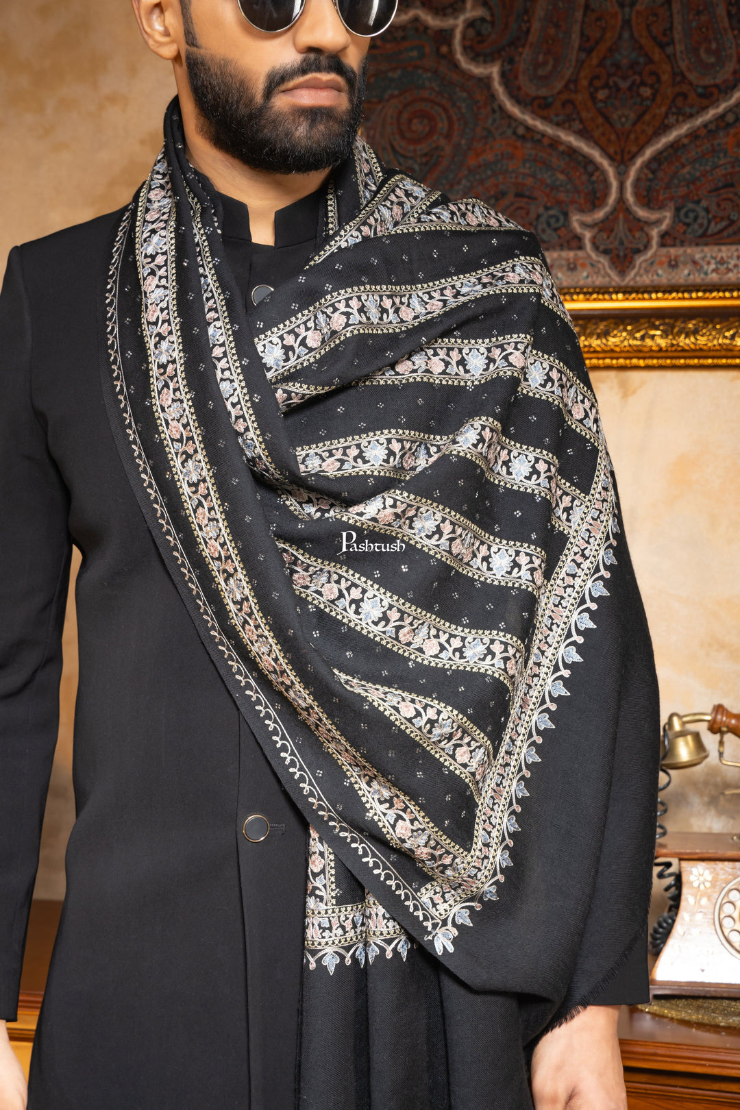 Pashtush India Mens Scarves Stoles and Mufflers Pashtush Mens 100% Pure Wool With Woolmark Certificate Stole, Nalki Embroidery With Crystal Design, Black