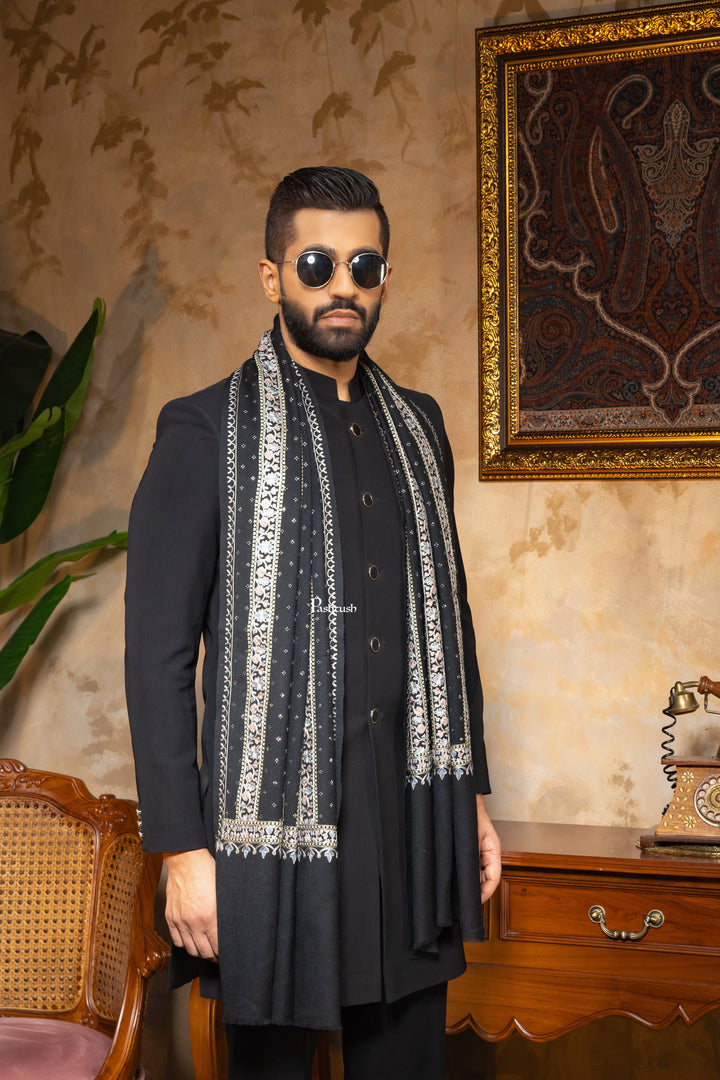 Pashtush India Mens Scarves Stoles and Mufflers Pashtush Mens 100% Pure Wool With Woolmark Certificate Stole, Nalki Embroidery With Crystal Design, Black
