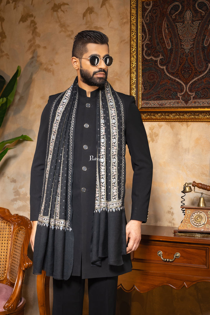 Pashtush India Mens Scarves Stoles and Mufflers Pashtush Mens 100% Pure Wool With Woolmark Certificate Stole, Nalki Embroidery With Crystal Design, Black