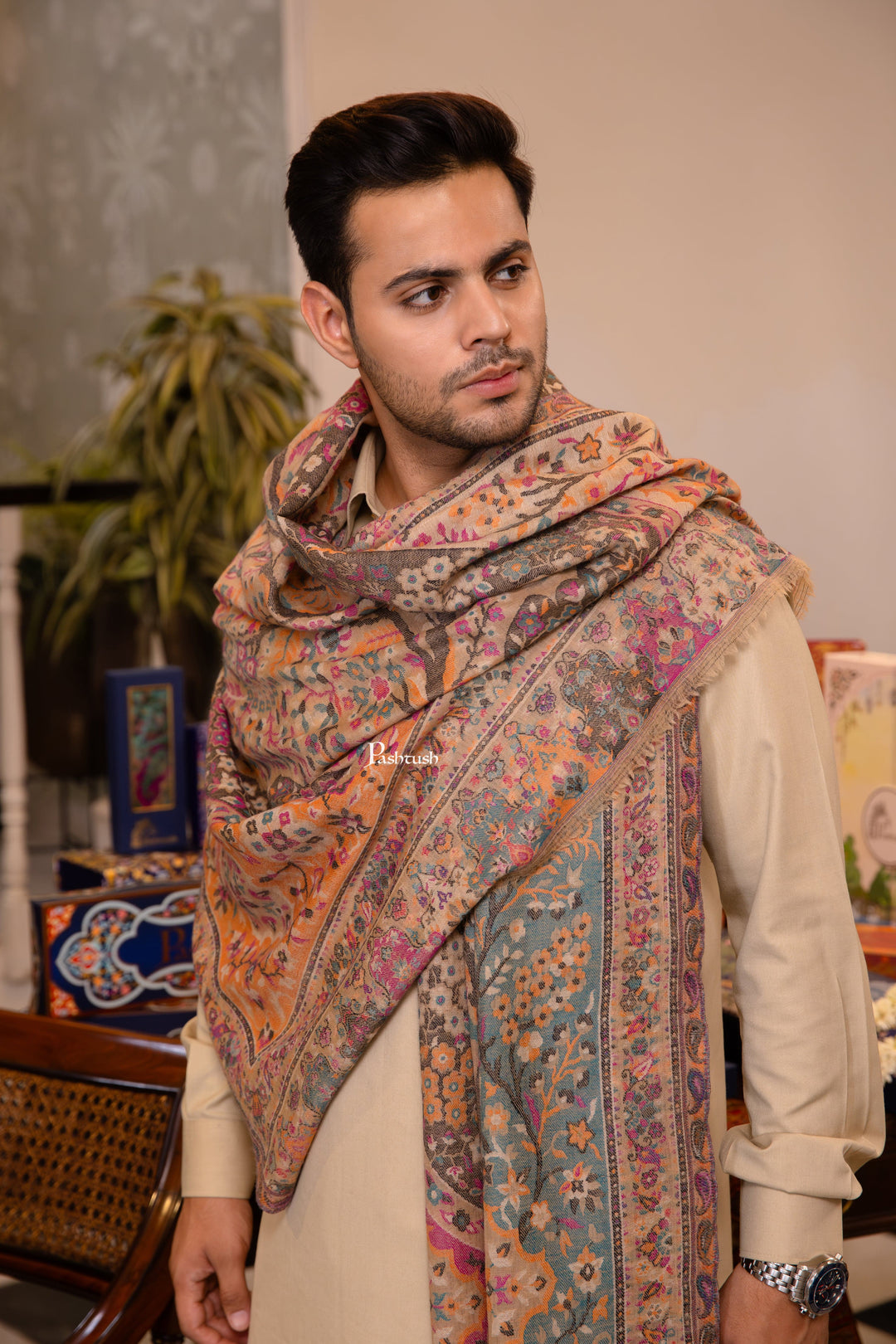 Pashtush India Mens Shawls Gents Shawl Pashtush Mens 100% Pure Wool With Woolmark Certificate Stole, Paisley Design, Beige
