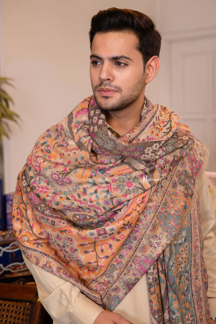 Pashtush India Mens Shawls Gents Shawl Pashtush Mens 100% Pure Wool With Woolmark Certificate Stole, Paisley Design, Beige