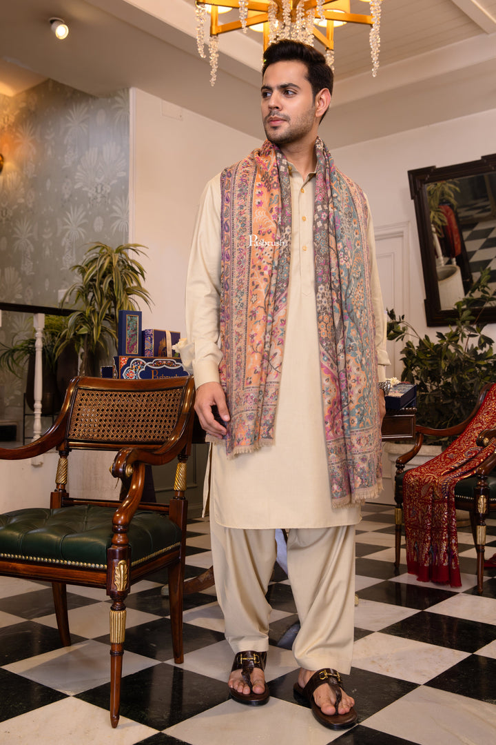 Pashtush India Mens Shawls Gents Shawl Pashtush Mens 100% Pure Wool With Woolmark Certificate Stole, Paisley Design, Beige