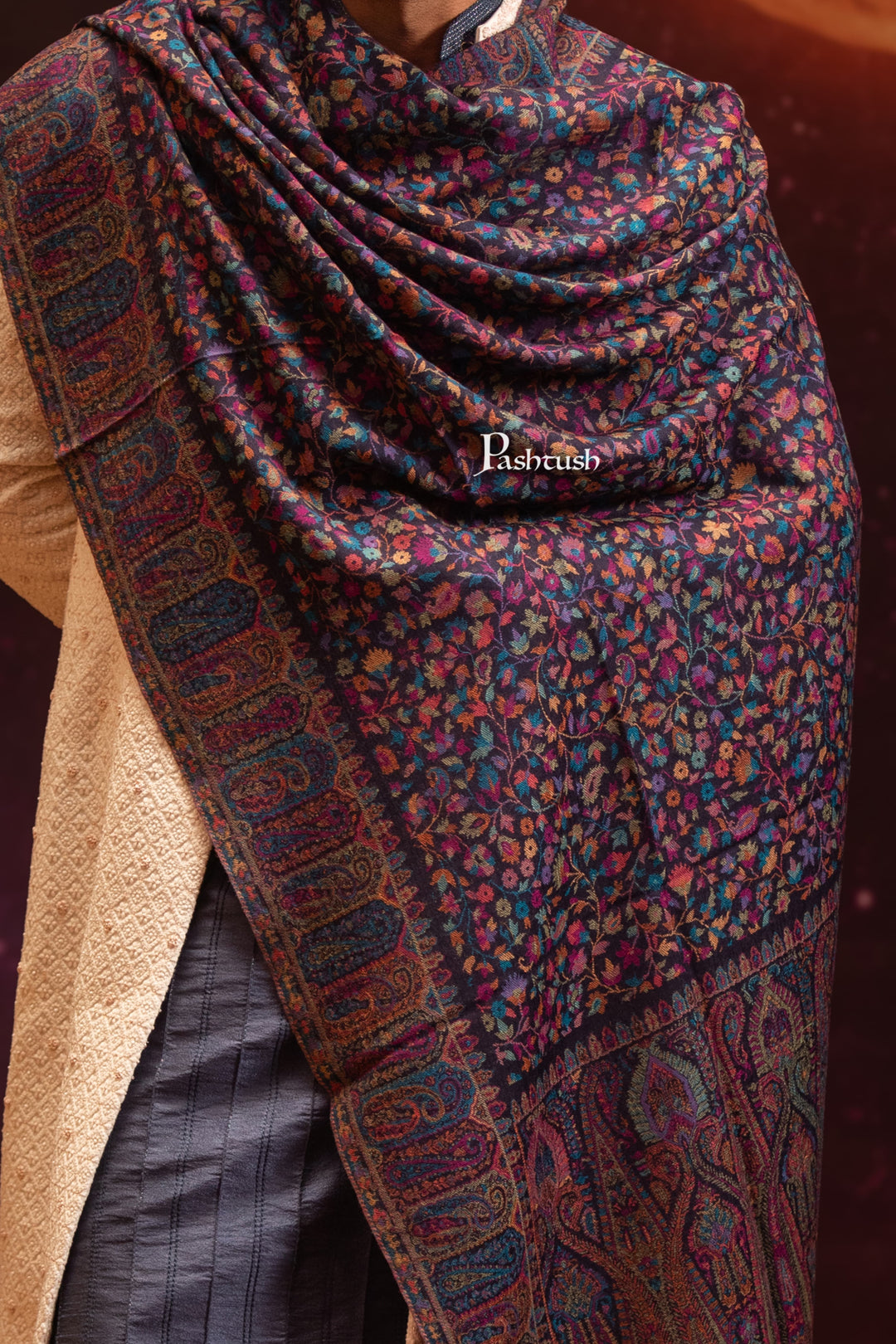Pashtush India Mens Stoles and Scarves Scarf Pashtush Mens 100% Pure Wool With Woolmark Certificate Stole, Paisley Design, Blue