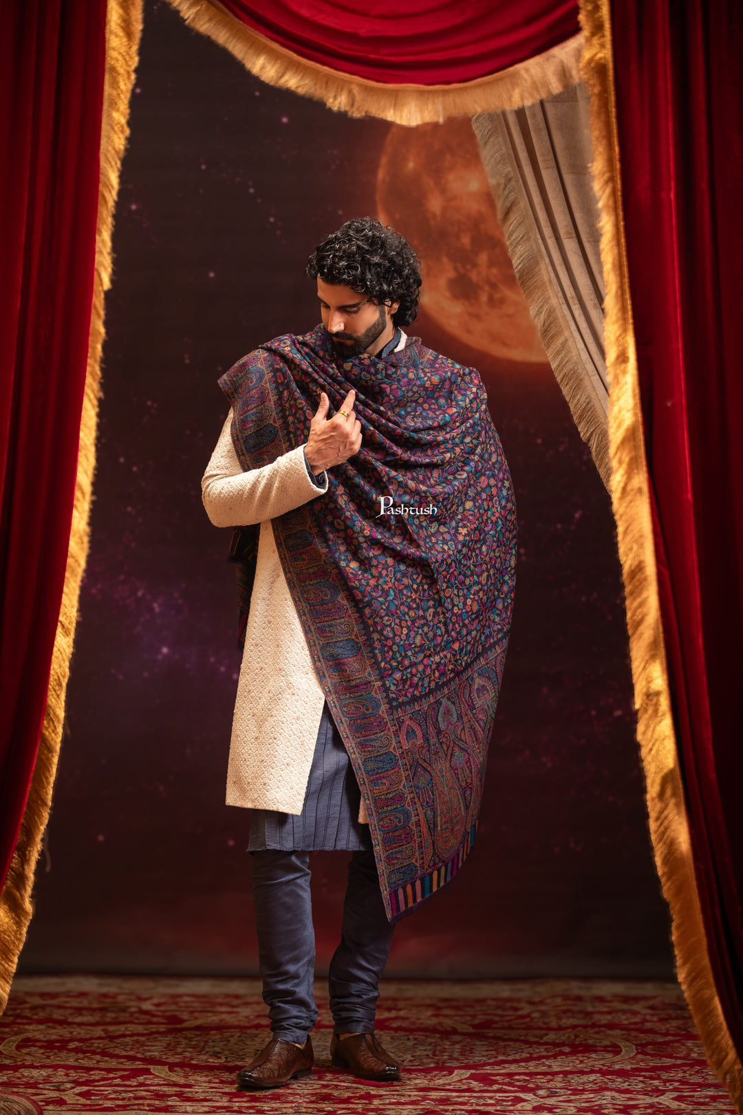Pashtush India Mens Stoles and Scarves Scarf Pashtush Mens 100% Pure Wool With Woolmark Certificate Stole, Paisley Design, Blue