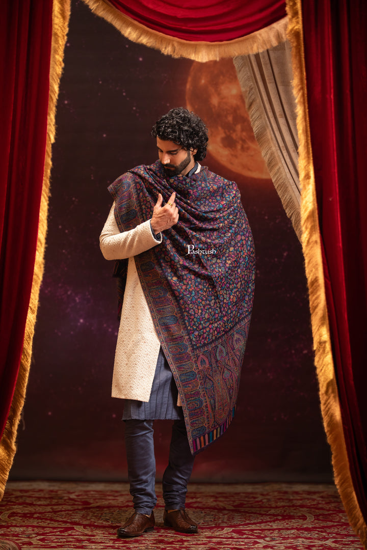Pashtush India Mens Stoles and Scarves Scarf Pashtush Mens 100% Pure Wool With Woolmark Certificate Stole, Paisley Design, Blue