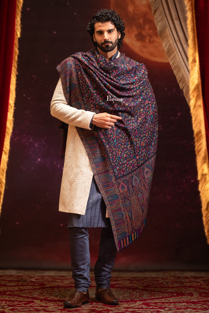 Pashtush India Mens Stoles and Scarves Scarf Pashtush Mens 100% Pure Wool With Woolmark Certificate Stole, Paisley Design, Blue
