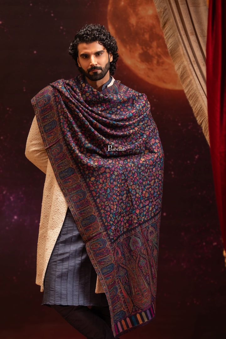 Pashtush India Mens Stoles and Scarves Scarf Pashtush Mens 100% Pure Wool With Woolmark Certificate Stole, Paisley Design, Blue