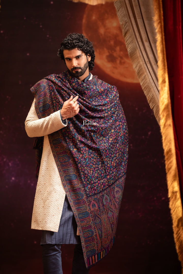 Pashtush India Mens Stoles and Scarves Scarf Pashtush Mens 100% Pure Wool With Woolmark Certificate Stole, Paisley Design, Blue