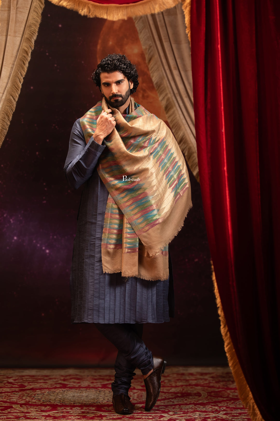Pashtush India Mens Scarves Stoles and Mufflers Pashtush Mens 100% Pure Wool With Woolmark Certificate Stole, Paisley Design, Multicolour