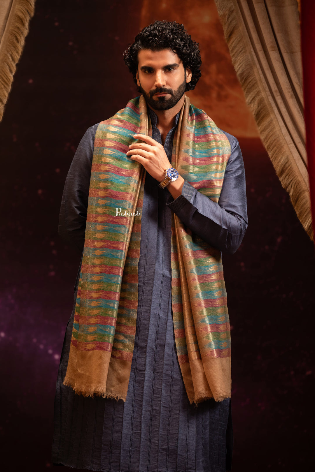 Pashtush India Mens Scarves Stoles and Mufflers Pashtush Mens 100% Pure Wool With Woolmark Certificate Stole, Paisley Design, Multicolour