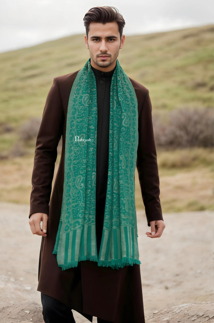 Pashtush India Mens Scarves Stoles and Mufflers Pashtush Mens 100% Pure Wool With Woolmark Certificate Stole, Paisley Weave Design, Green