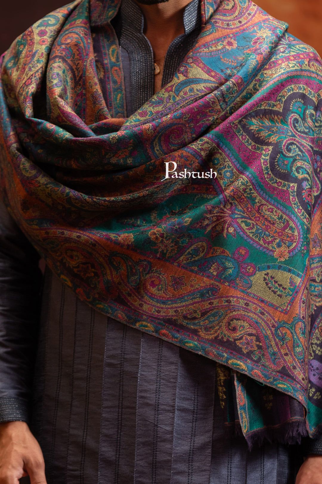Pashtush India Mens Scarves Stoles and Mufflers Pashtush Mens 100% Pure Wool With Woolmark Certificate Stole, Paisley Weave Design, Multicolour