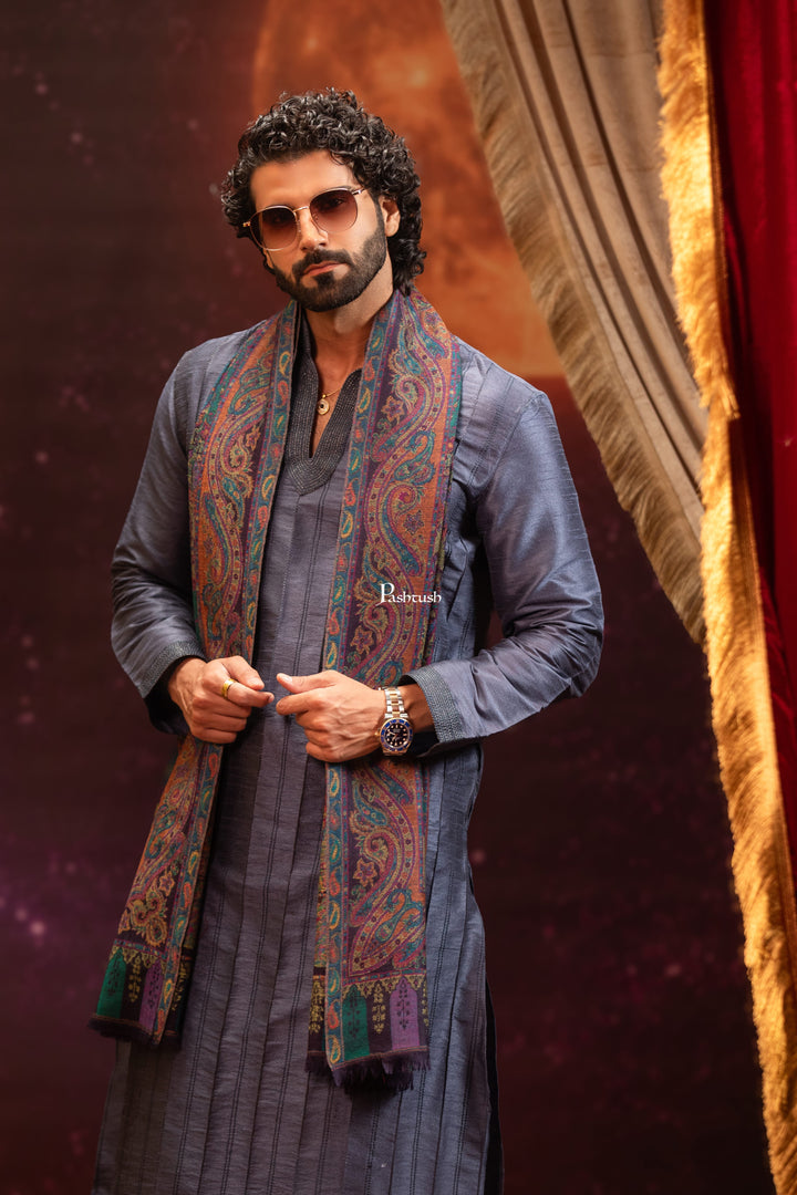 Pashtush India Mens Scarves Stoles and Mufflers Pashtush Mens 100% Pure Wool With Woolmark Certificate Stole, Paisley Weave Design, Multicolour