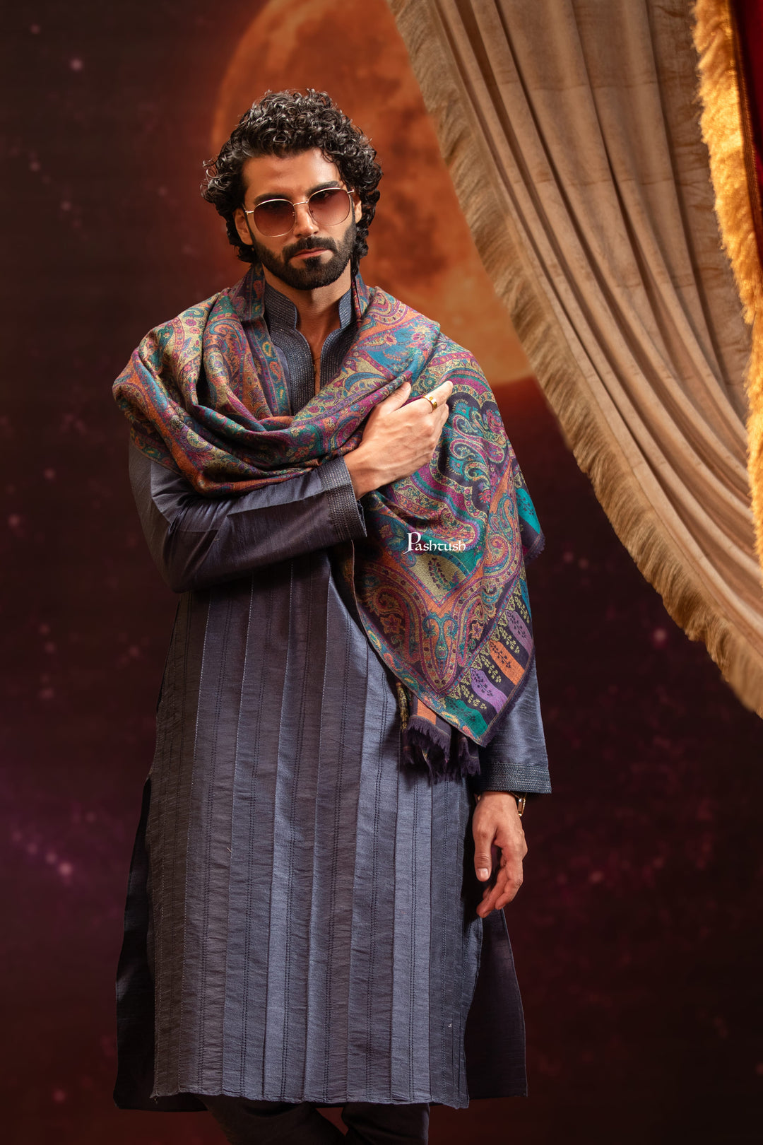 Pashtush India Mens Scarves Stoles and Mufflers Pashtush Mens 100% Pure Wool With Woolmark Certificate Stole, Paisley Weave Design, Multicolour