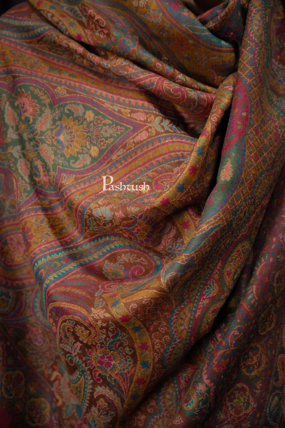 Pashtush India Mens Scarves Stoles and Mufflers Pashtush Mens 100% Pure Wool With Woolmark Certificate Stole, Woven Paisley Weave Design, Coffee