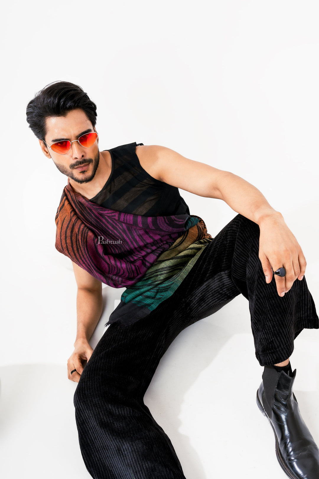 Pashtush India Mens Scarves Stoles and Mufflers Pashtush Mens 100% Pure Wool With Woolmark Certificate Stole, Yaro Slings Dandy Spring Design, Black