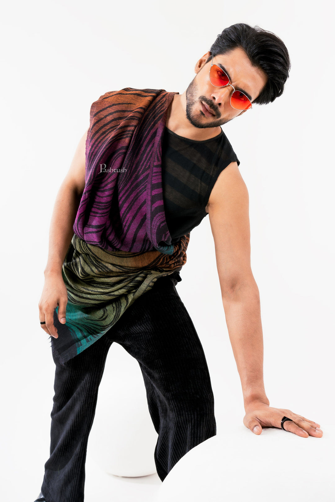 Pashtush India Mens Scarves Stoles and Mufflers Pashtush Mens 100% Pure Wool With Woolmark Certificate Stole, Yaro Slings Dandy Spring Design, Black