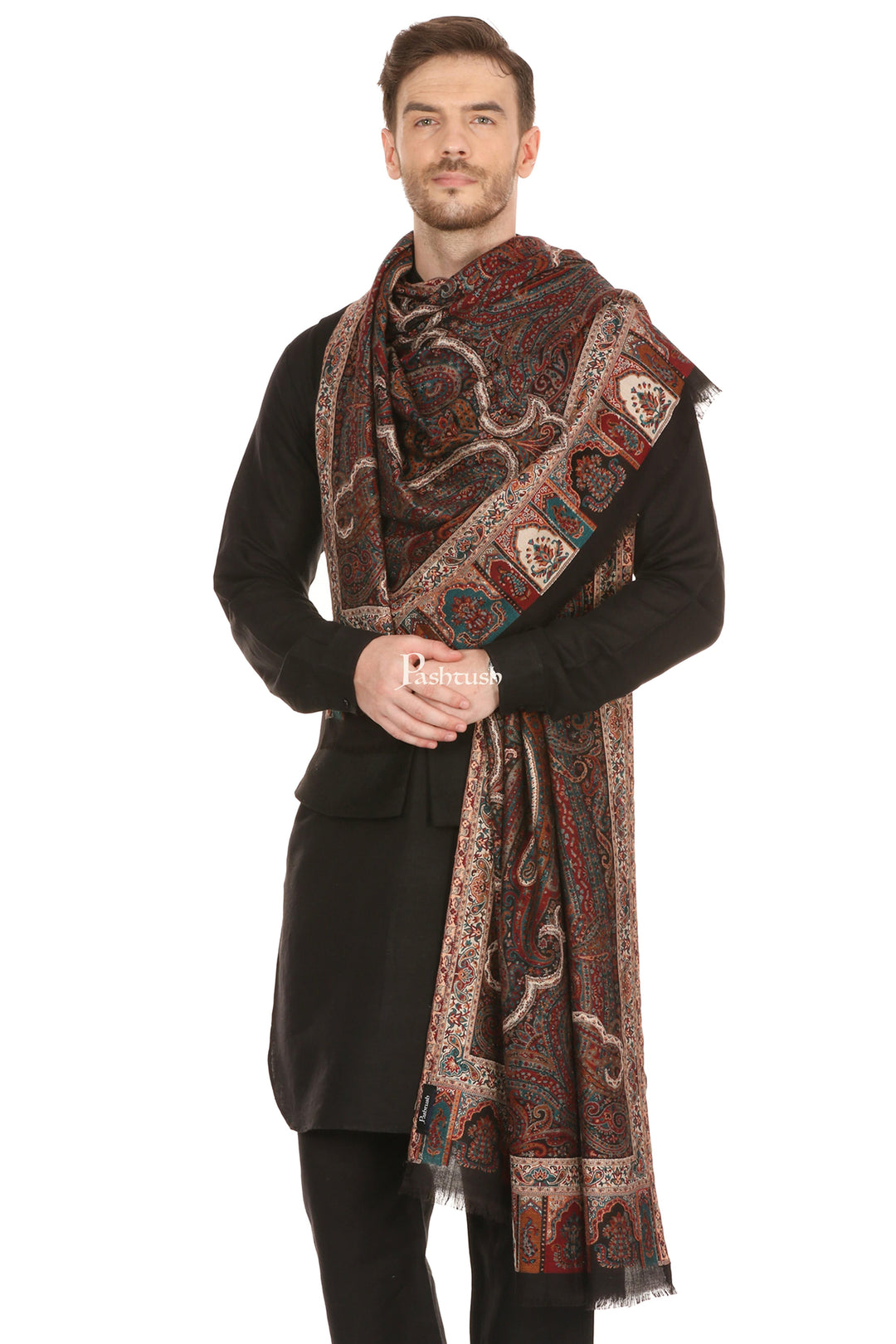 Pashtush India Mens Scarves Stoles and Mufflers Pashtush Mens Antique Look Heritage Design, Jamawar Stole, Fine Wool