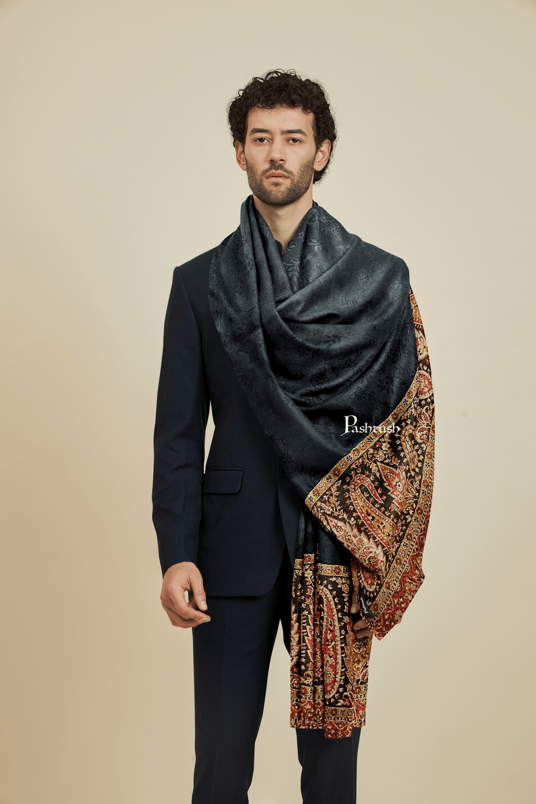Pashtush India womens scarf and Stoles Pashtush Mens Bamboo Scarf, Woven Paisley Soft And Natural, Black