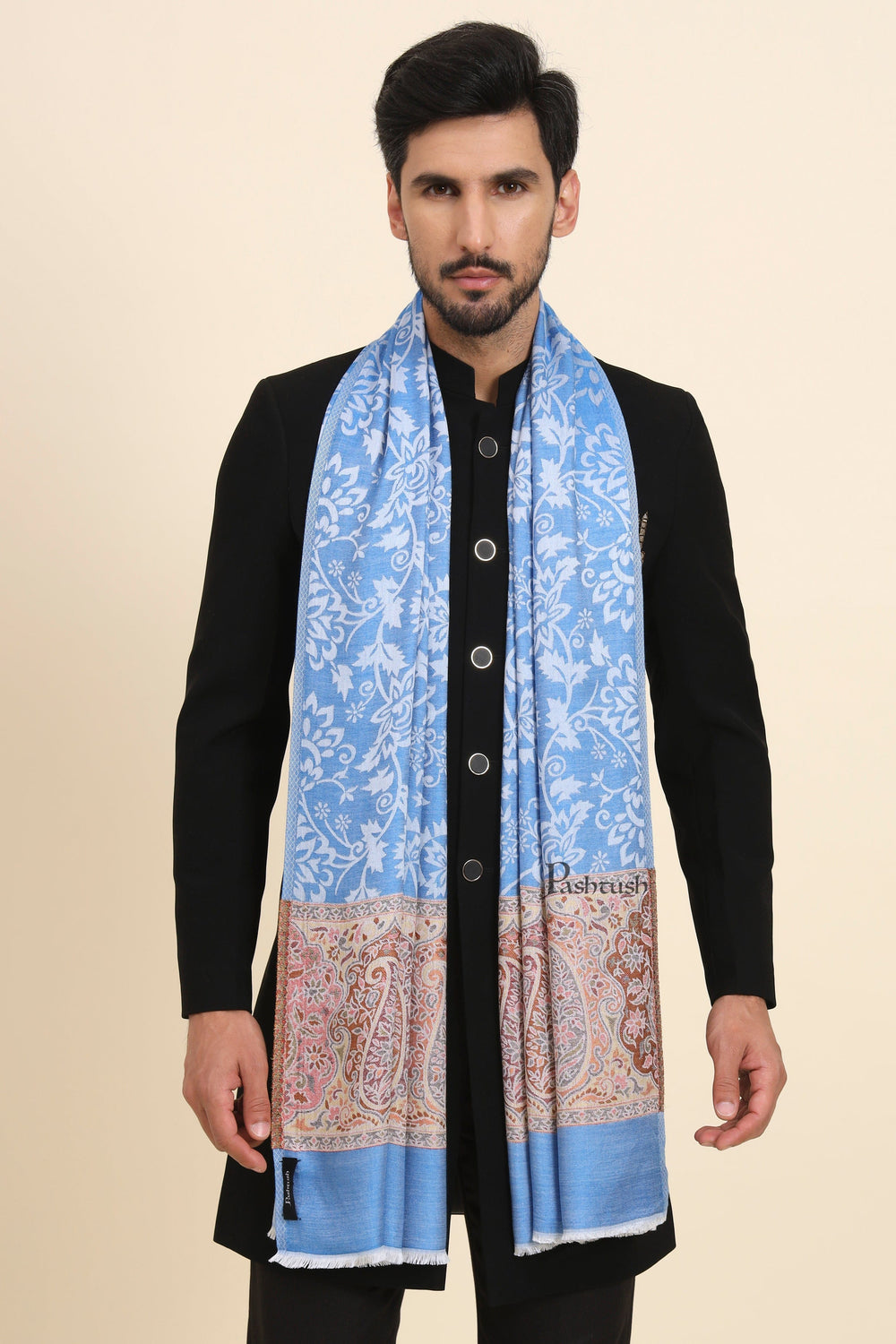 Pashtush India Mens Scarves Stoles and Mufflers Pashtush Mens Bamboo Stole,  Jacquard Reversible Design, Blue