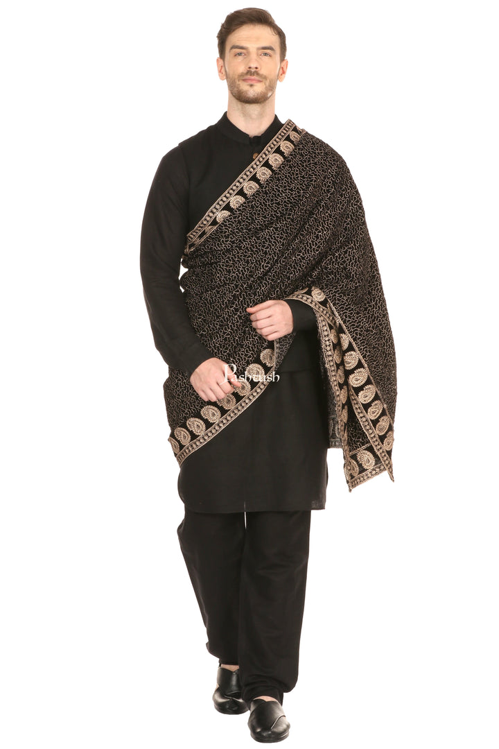 Pashtush India Mens Shawls Gents Shawl Pashtush Mens Black Velvet Shawl, With Tilla Zardozi Embroidery