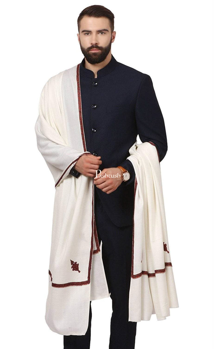 Pashtush India Mens Shawls Gents Shawl Pashtush Mens Border Embroidery Kingri Shawl, Fine Wool, Ivory