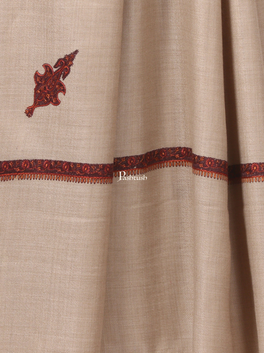 Pashtush India Mens Shawls Gents Shawl Pashtush Mens Border Embroidery Mens Shawl With Handwork - Beige