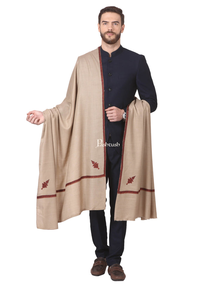 Pashtush India Mens Shawls Gents Shawl Pashtush Mens Border Embroidery Mens Shawl With Handwork - Beige