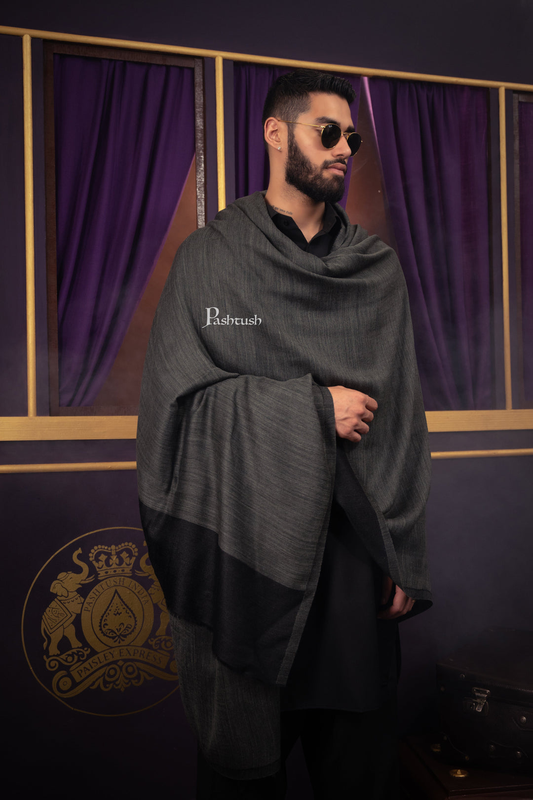 Pashtush India Mens Shawls Gents Shawl Pashtush Mens Cashmere Shawl, Reversible Design, Black