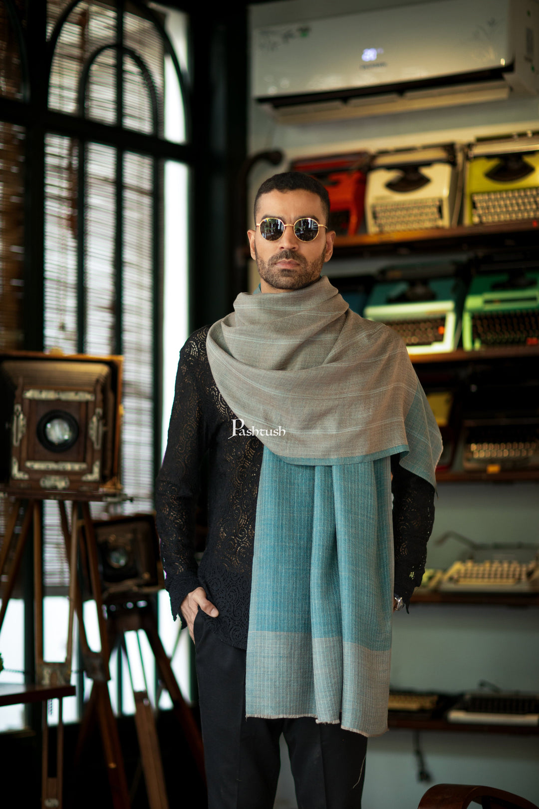 Pashtush India Mens Scarves Stoles and Mufflers Pashtush Mens Cashmere Stole, Checkered  Design, Arabic Sea Green