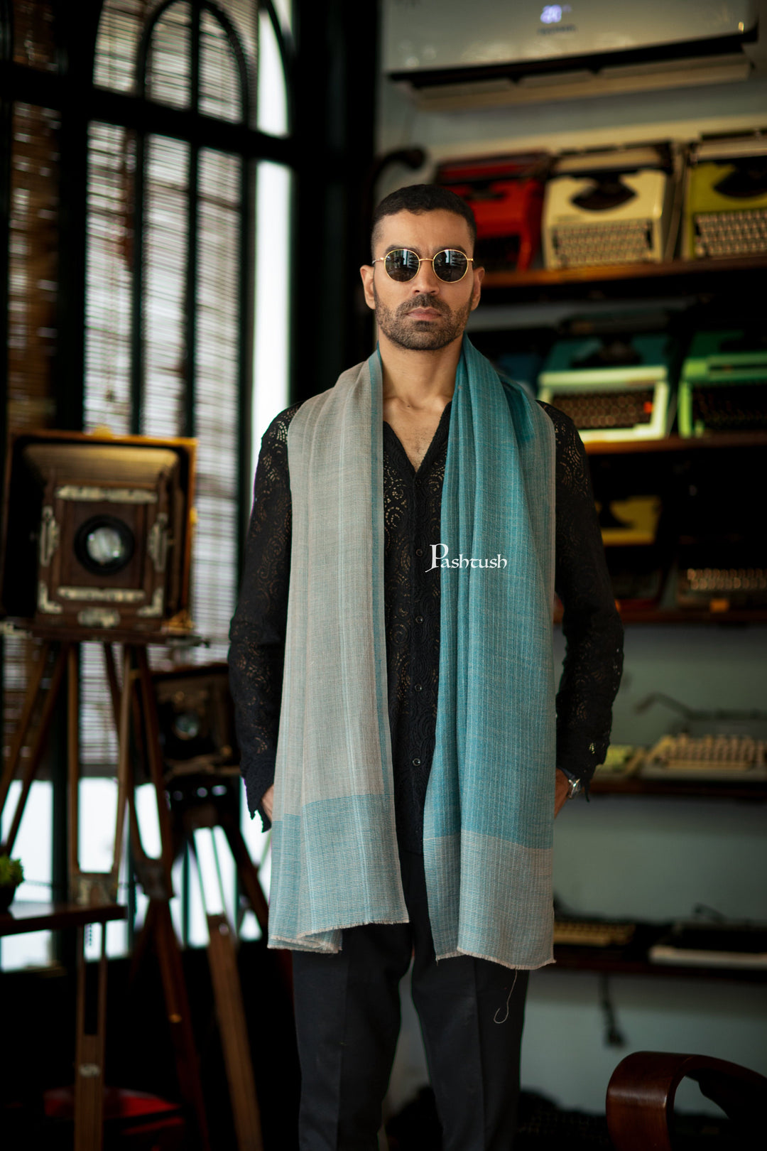 Pashtush India Mens Scarves Stoles and Mufflers Pashtush Mens Cashmere Stole, Checkered  Design, Arabic Sea Green