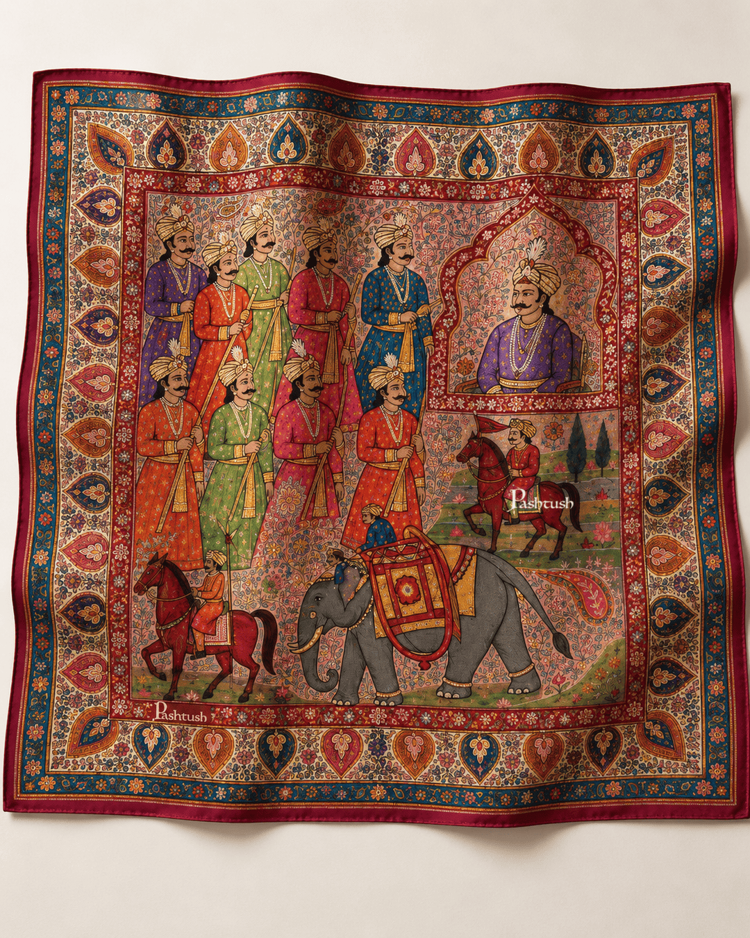 Pashtush India Mens Pocket Square Pashtush Mens Darbar Sartorial Pocket Square, Mughal Miniature Art, Ultra Soft Silky Texture.