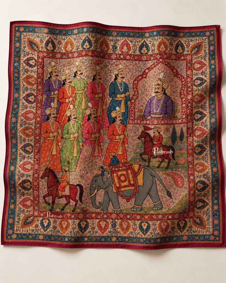 Pashtush India Mens Pocket Square Pashtush Mens Darbar Sartorial Pocket Square, Mughal Miniature Art, Ultra Soft Silky Texture.