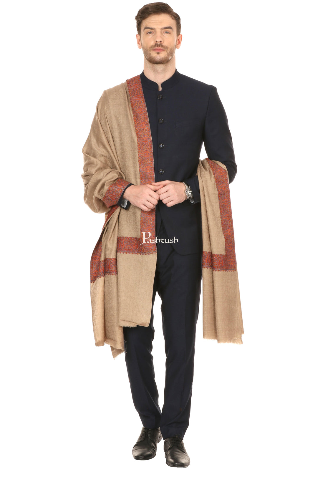 Pashtush India Mens Shawls Gents Shawl Pashtush Mens Daur Embroidery Shawl - Medium