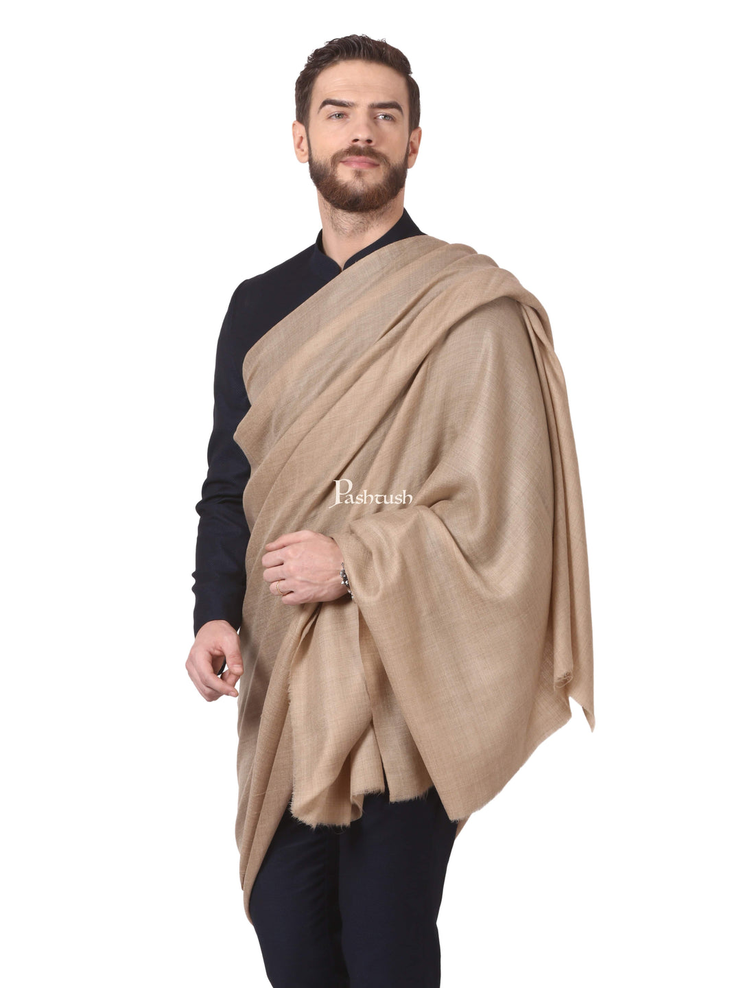 Pashtush India Mens Shawls Gents Shawl Pashtush Mens Diamond Weave Shawl, Fine Wool Medium Size, taupe