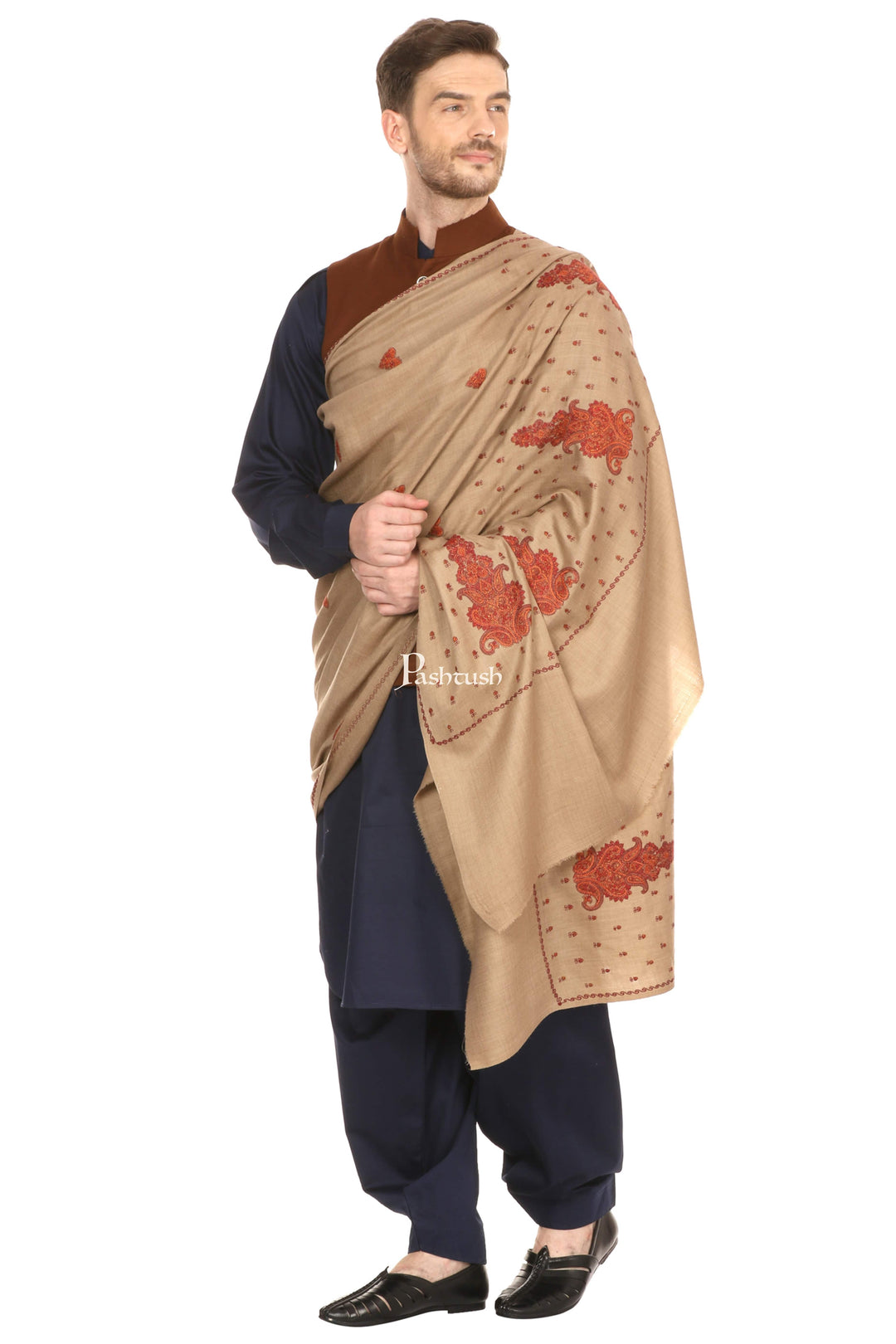Pashtush India Mens Shawls Gents Shawl Pashtush Mens Embroidered Shawl In Extra Fine Wool Shawl