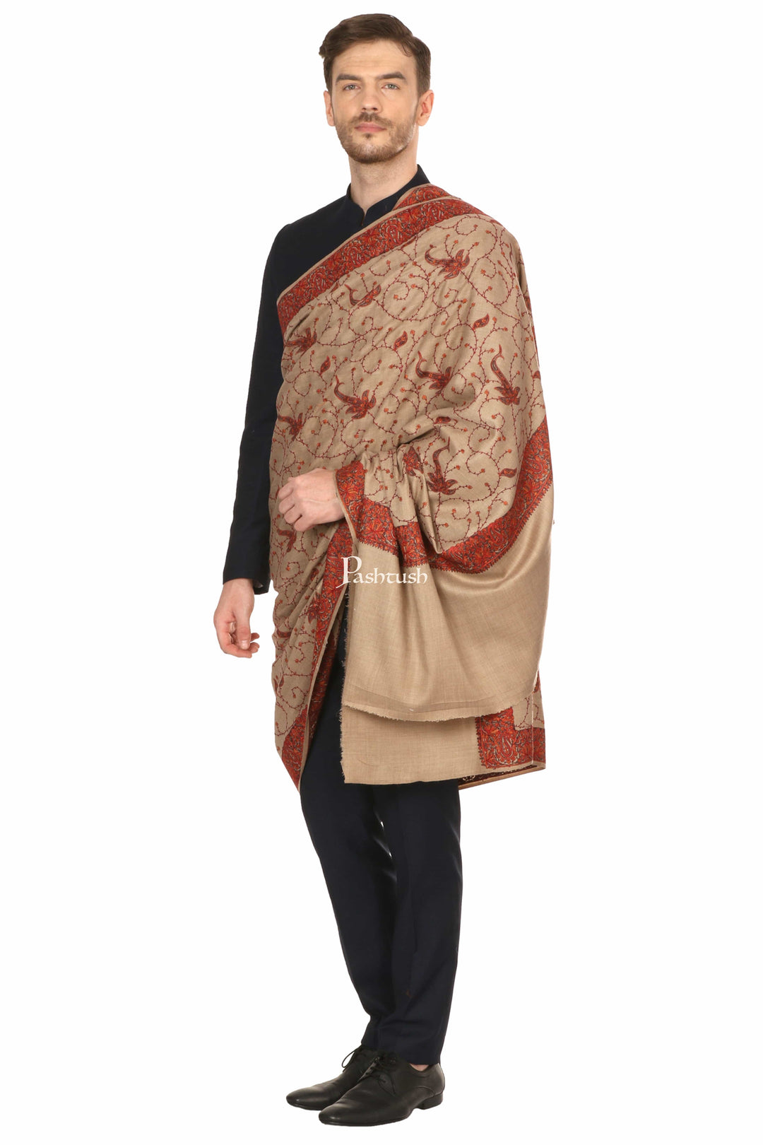Pashtush India Mens Shawls Gents Shawl Pashtush Mens Embroidered Shawl In Fine Wool Handfeel