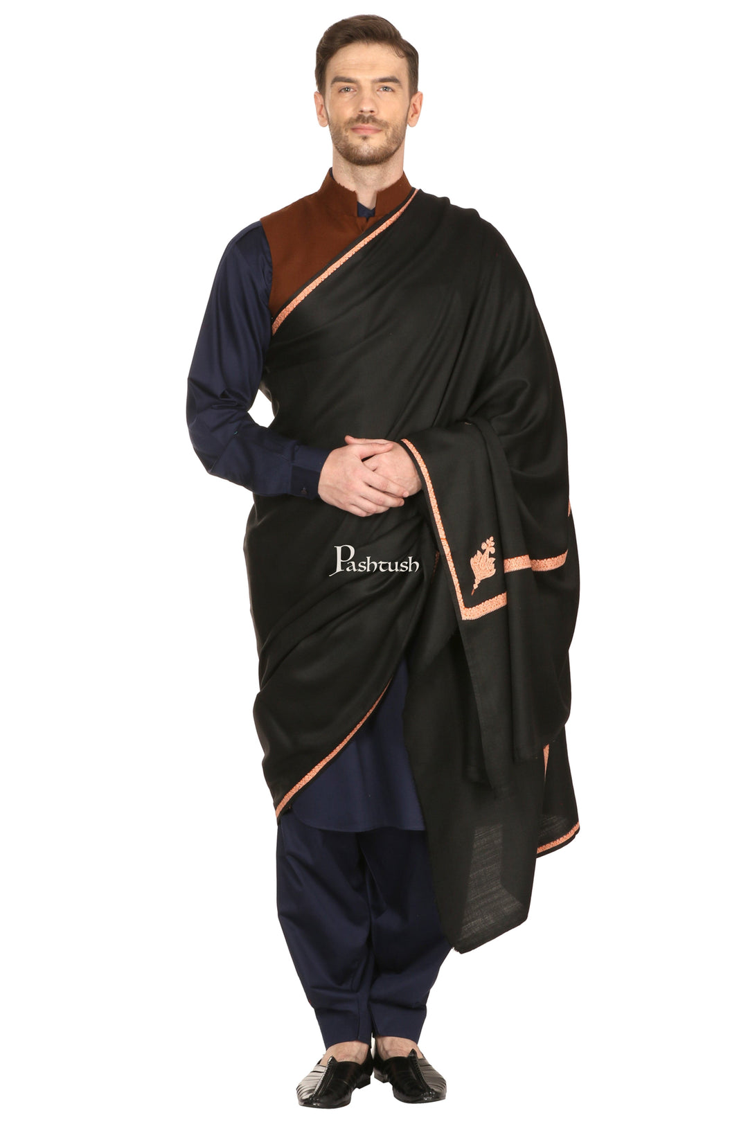 Pashtush India Mens Shawls Gents Shawl Pashtush Mens Embroidery Black Shawl, Kingri Design - Rich Black