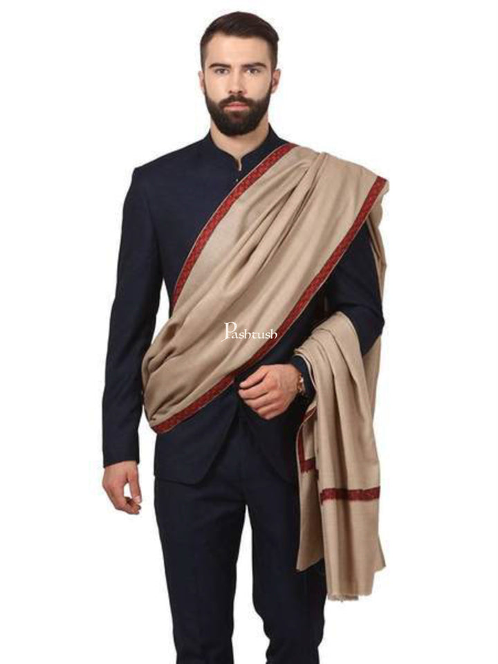 Pashtush India Mens Shawls Gents Shawl Pashtush Mens Embroidery Mens Shawl, Full Size, Beige