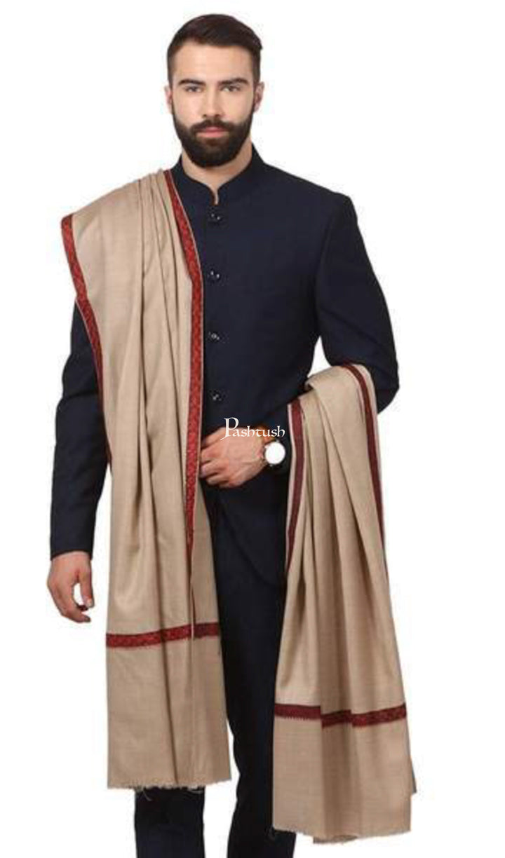 Pashtush India Mens Shawls Gents Shawl Pashtush Mens Embroidery Mens Shawl, Full Size, Beige