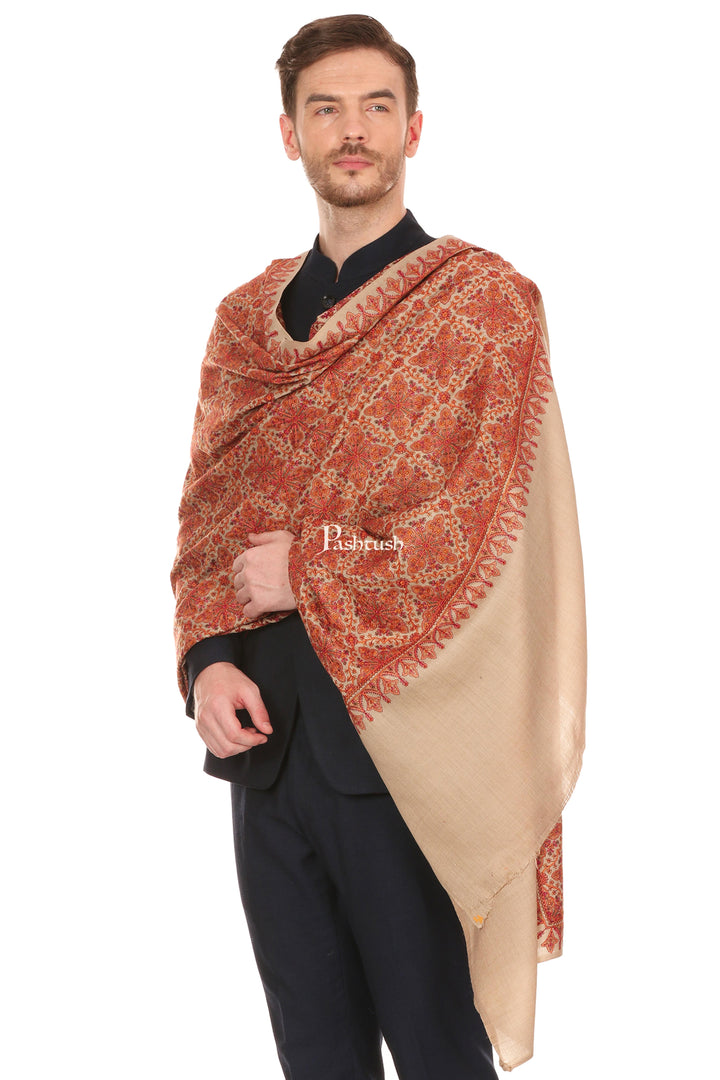 Pashtush India Mens Shawls Gents Shawl Pashtush Mens Embroidery Stole, Beige