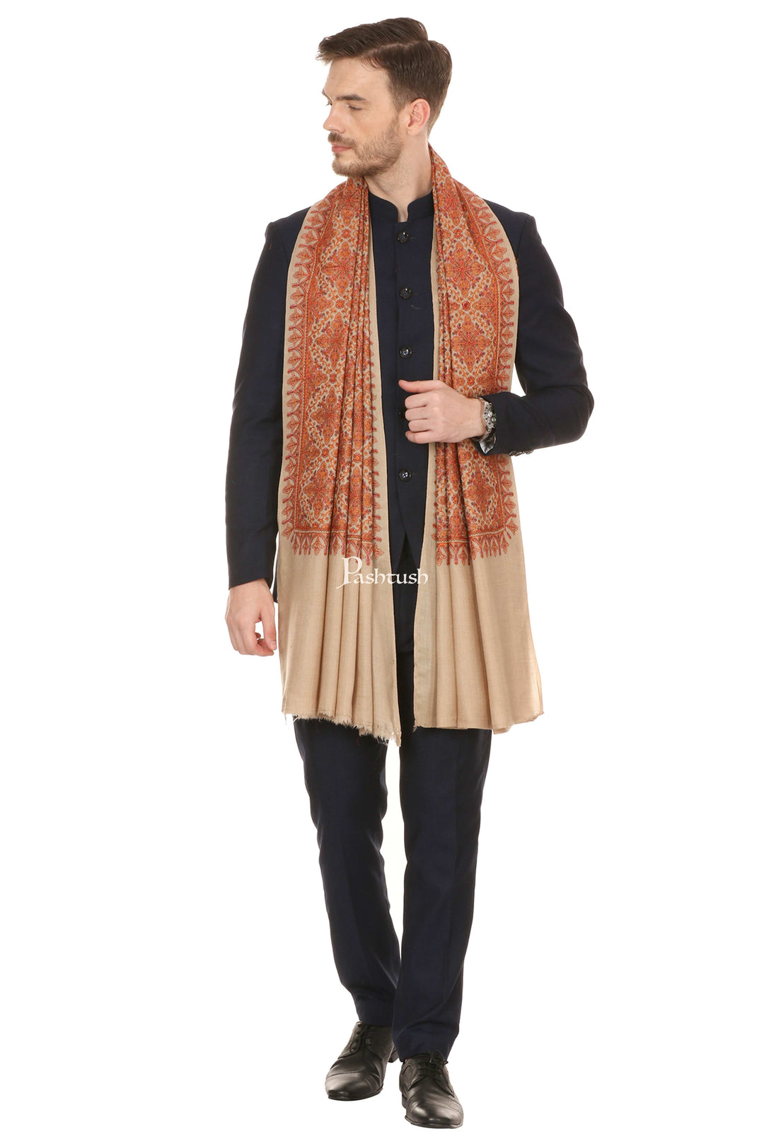 Pashtush India Mens Shawls Gents Shawl Pashtush Mens Embroidery Stole, Beige