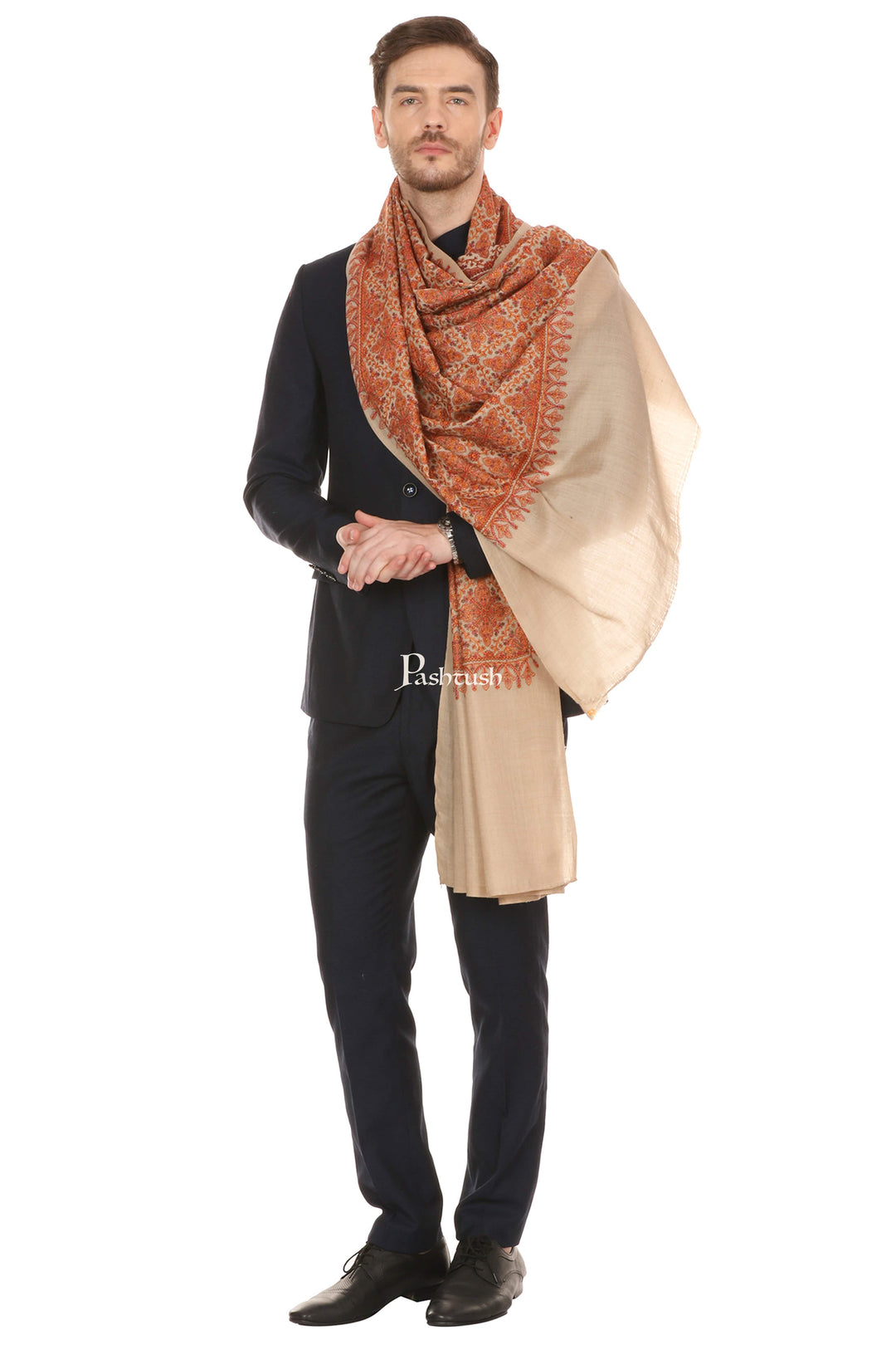 Pashtush India Mens Shawls Gents Shawl Pashtush Mens Embroidery Stole, Beige