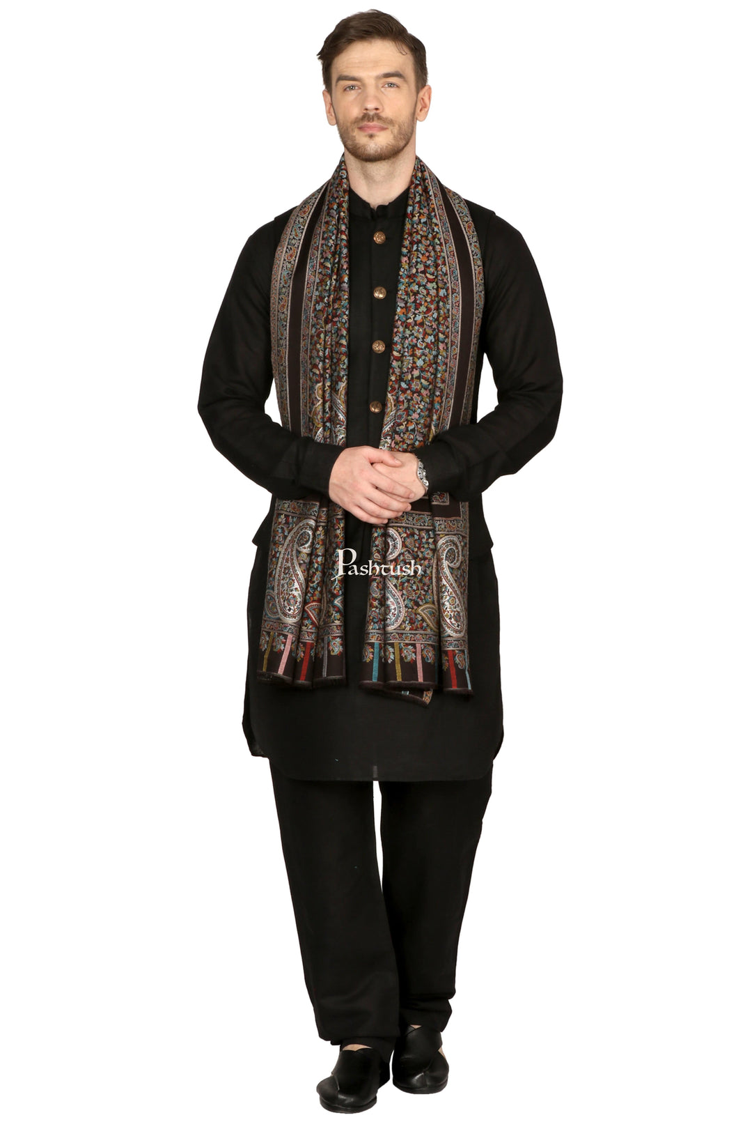 Pashtush India Mens Scarves Stoles and Mufflers Pashtush Mens Ethnic Fine Extra Soft Stole (70 X 200 Cm ) Black