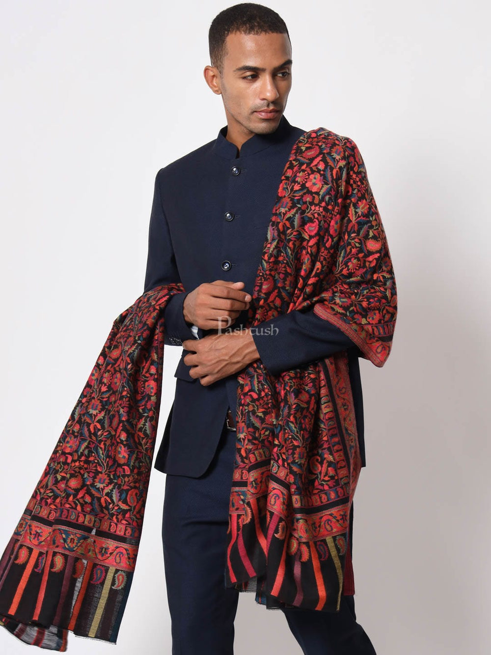 Pashtush India Mens Shawls Gents Shawl Pashtush Mens Ethnic Shawl, Mens Black Lohi, Full Size, Extra Fine Wool, Multicoloured