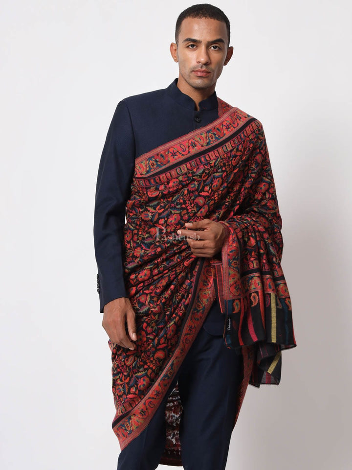 Pashtush India Mens Shawls Gents Shawl Pashtush Mens Ethnic Shawl, Mens Black Lohi, Full Size, Extra Fine Wool, Multicoloured