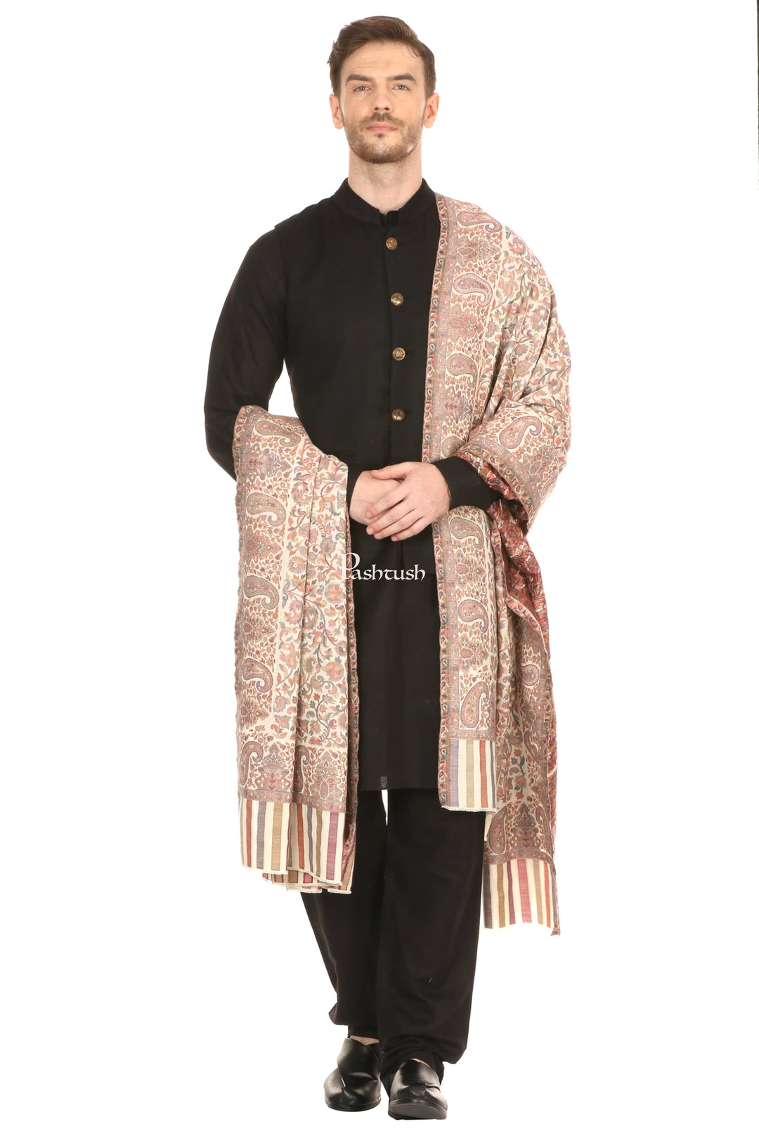 Pashtush India Mens Shawls Gents Shawl Pashtush Mens Ethnic Shawl, Mens Lohi, Full Size, Fine Wool,  Ivory